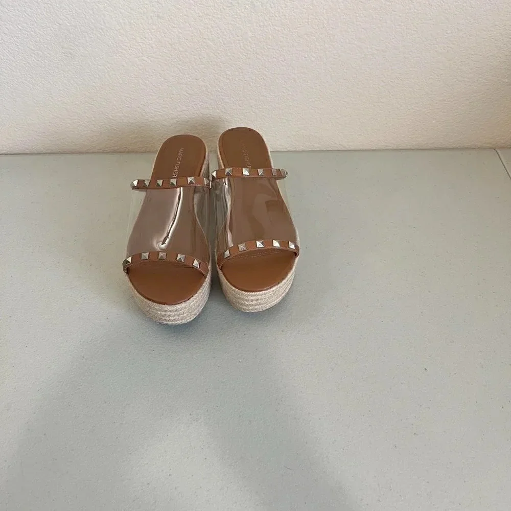 Marc Fisher Womens Leather Studded Espadrille Platform Sandals Brown Size 8 1/2M
